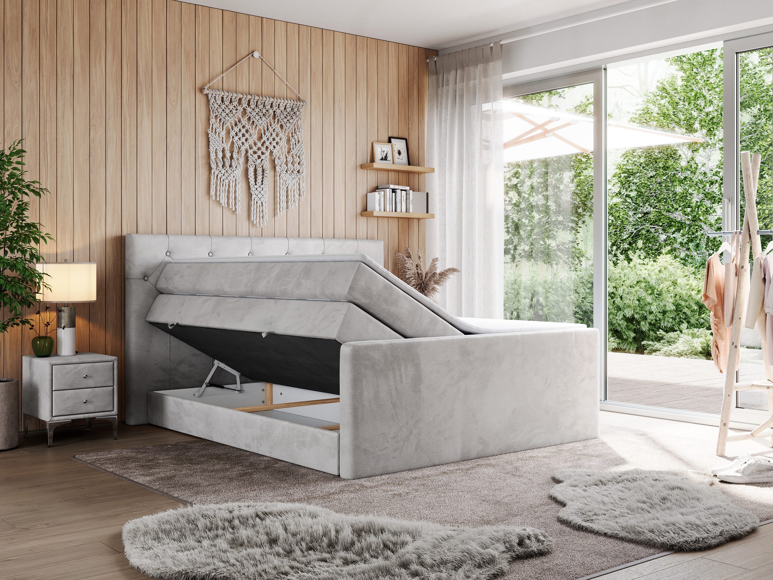 MKS MÖBEL Boxspringbett KING VELEN (T30-Schaum, Topper T25/Visco, Bonell-Federn), Doppelbett mit Multipocket-Matratzen, Polsterbett mit Kopfstütze