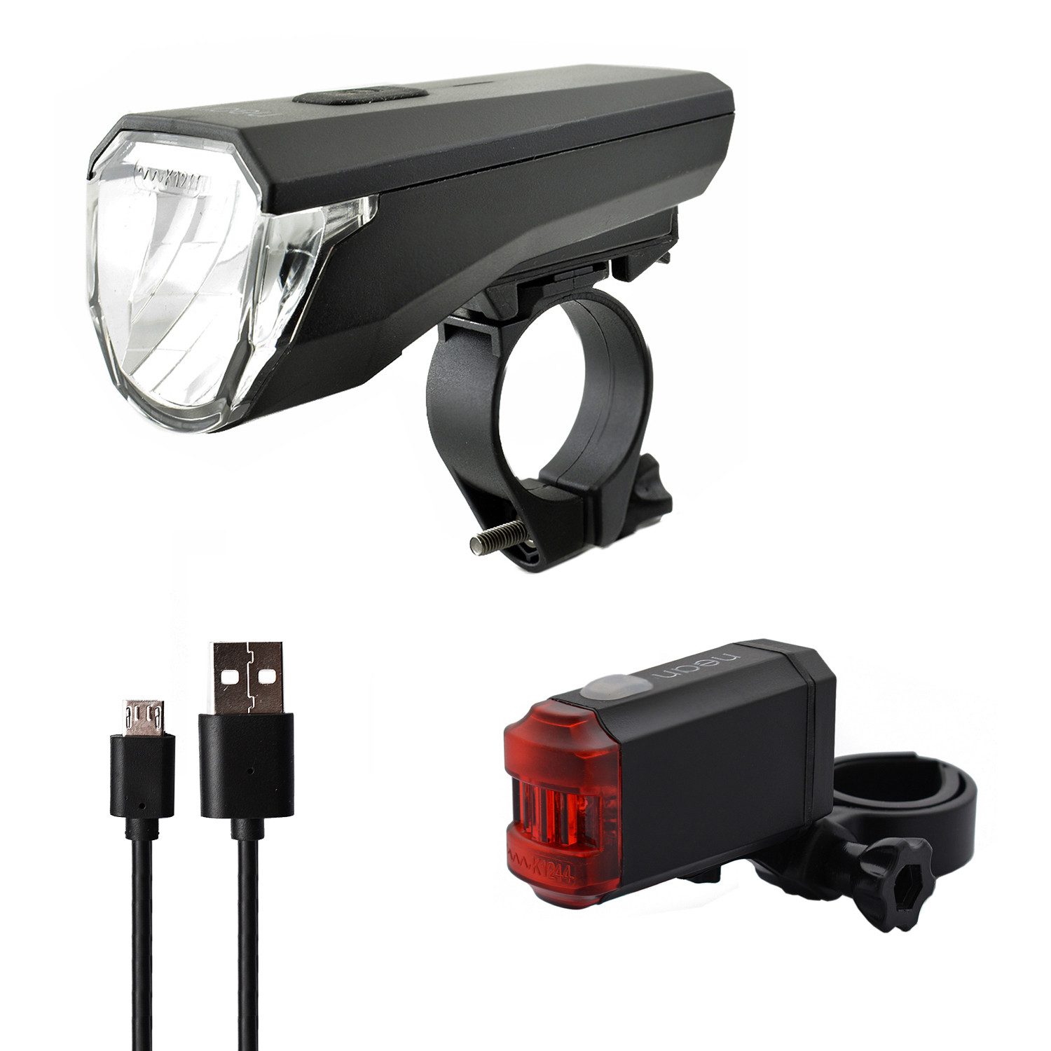 nean Fahrradbeleuchtung Set mit Akku und StVZO-Zulassung 50 LUX 8 Candela, mit 3 Helligkeitsstufen und USB-Ladebuchsen, abnehmbar