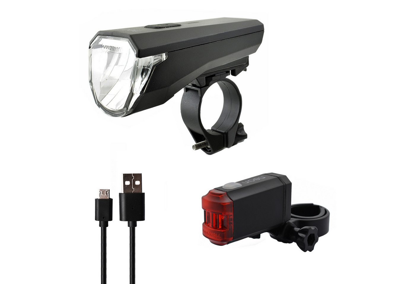nean Fahrradbeleuchtung Set mit Akku und StVZO-Zulassung 50 LUX 8 Candela, mit 3 Helligkeitsstufen und USB-Ladebuchsen, abnehmbar