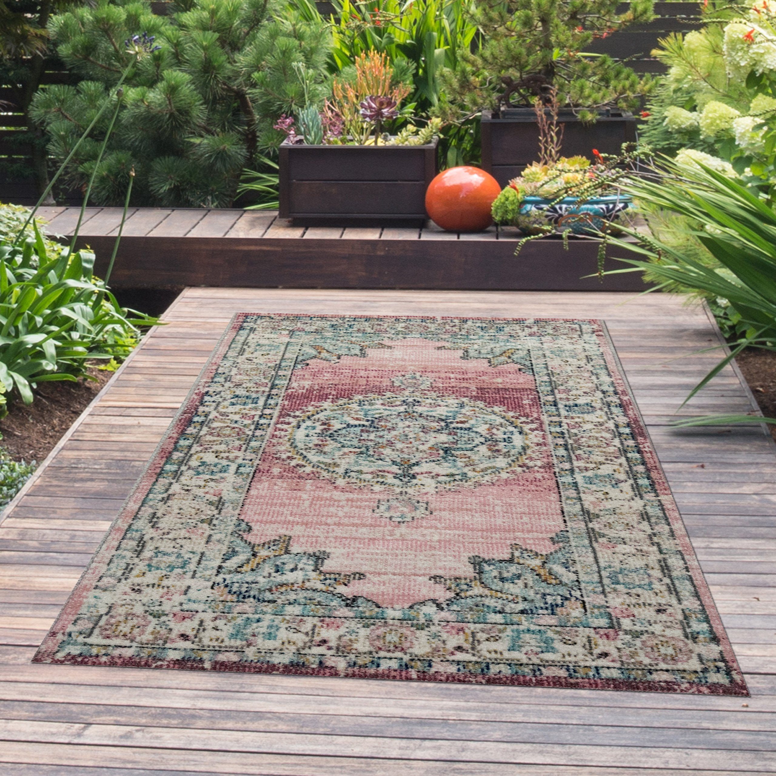 TeppichHome24 Teppich Teppich Orient Outdoor Vintage in rosa, rechteckig, Höhe: 4 mm