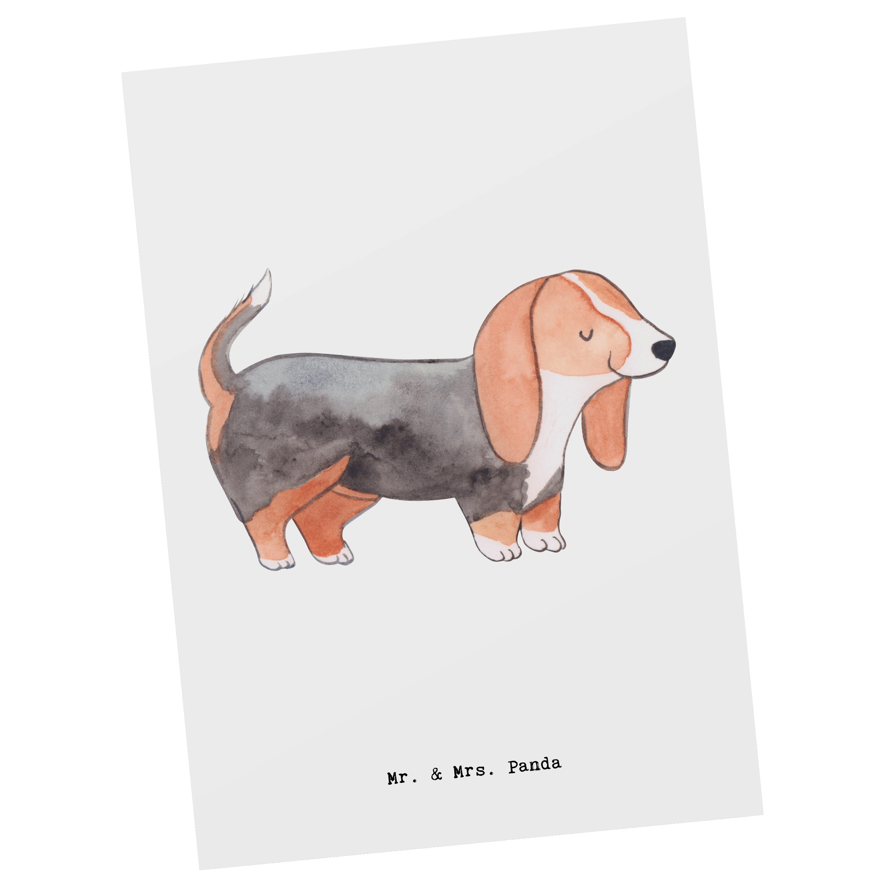 Mr. & Mrs. Panda Postkarte Basset Hound Moment - Weiß - Geschenk, Geburtstagskarte, Hundebesitze