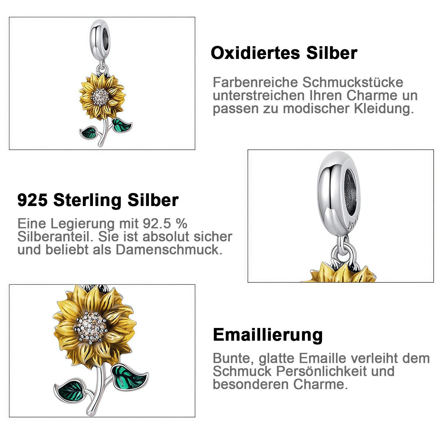 MOPUEA Bead 925 Sterling Silber Sonnenblume Charm Anhänger für Pandora, Biagi usw. (DIY Schmuck Geschenk für Damen Perlen für Gliederarmband und Halskette, 1-tl – Bild 3 von 5