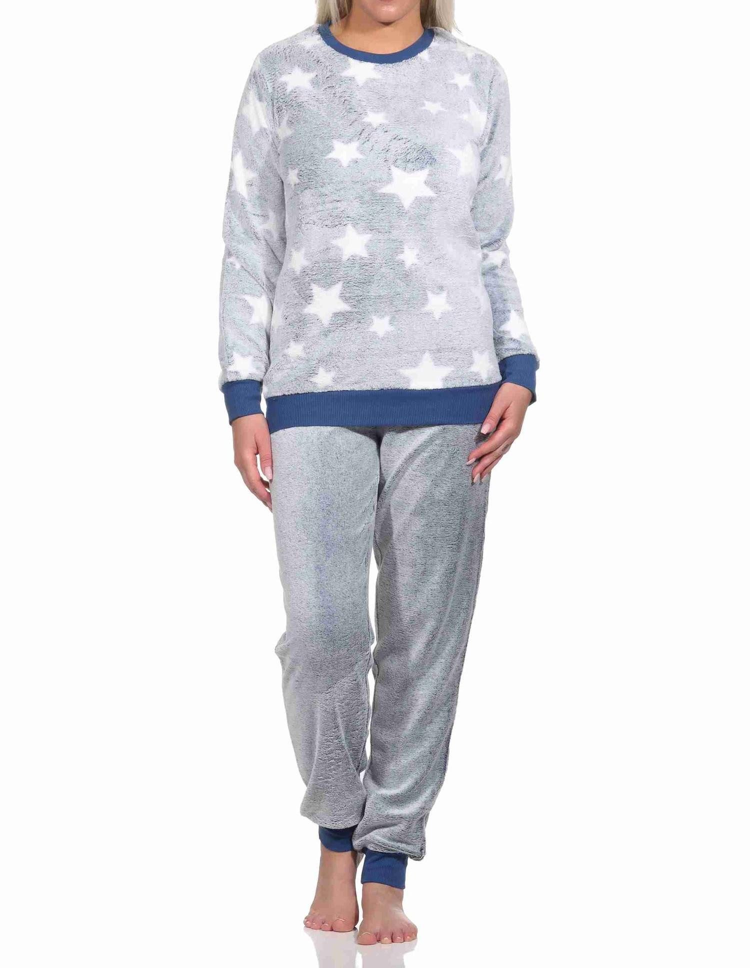 Pyjama Damen langarm Schlafanzug mit Bündchen in Sterneoptik