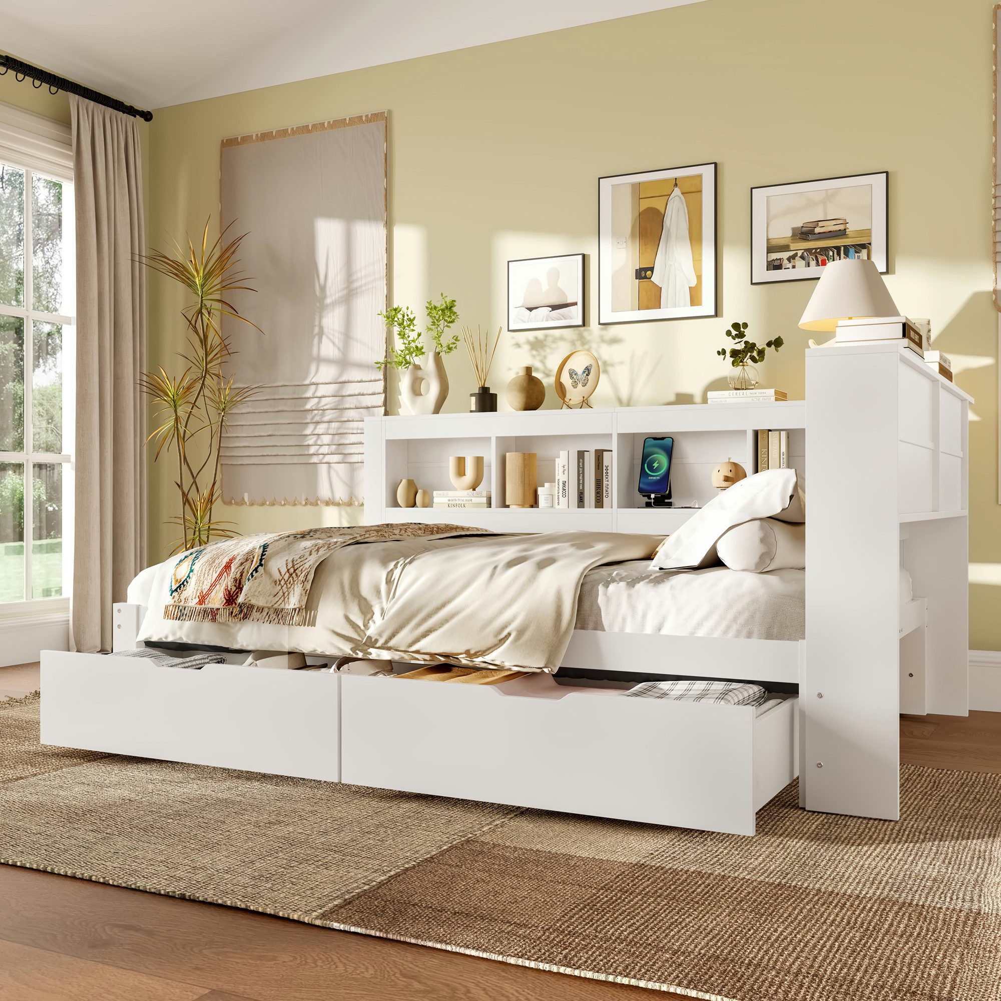Merax Daybett mit Steckdose und 2 USB-Anschlüssen (Kiefer Sofabett Kinderbett Jugendbett, 1 tlg), Schlafsofa Tagesbett 140x200cm mit 2 Schubladen, Regale und St – Bild 3 von 5