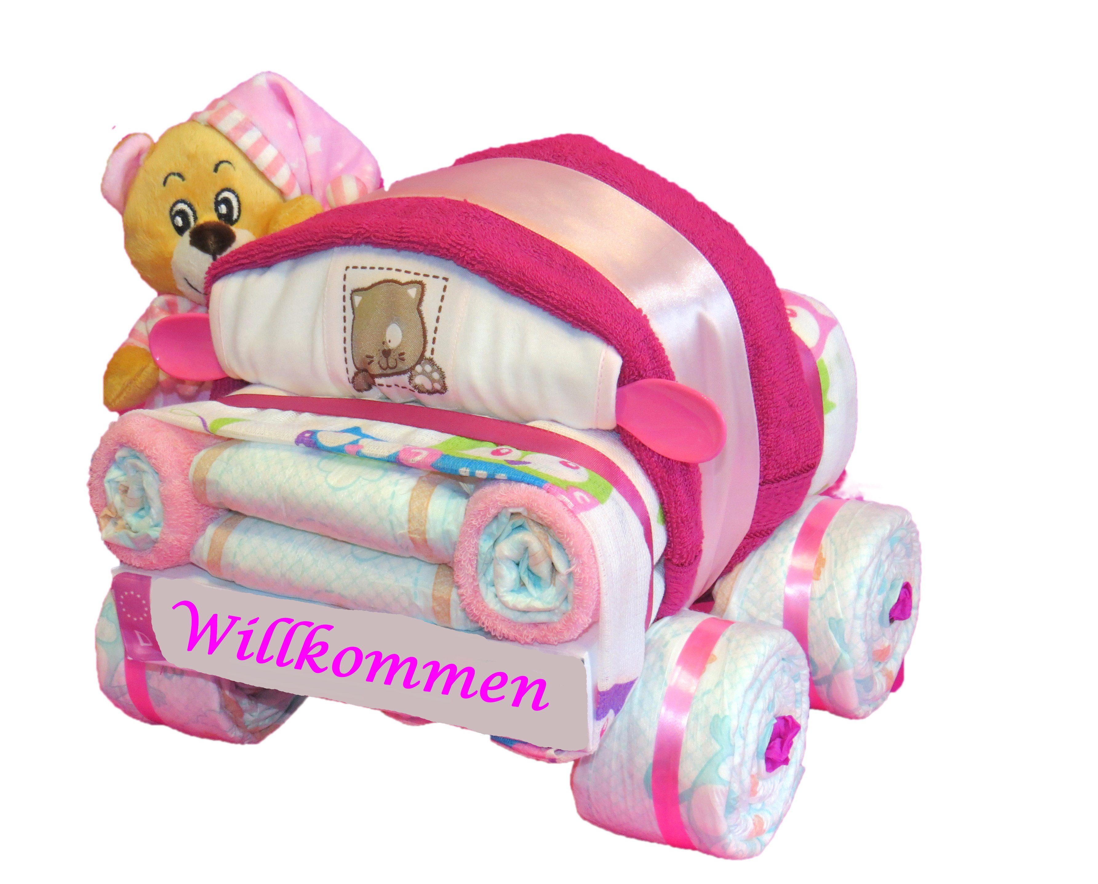 Geschenketorten-Gebhardt Windeln Windeltorte, Kleines Windelauto mit Schlafbär rosa, Windelgeschenk
