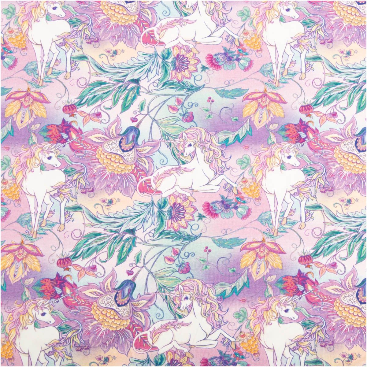SCHÖNER LEBEN. Stoff Jersey Stoff Meterware Baumwolljersey Einhörner Blumen rosa lila 145cm, allergikergeeignet