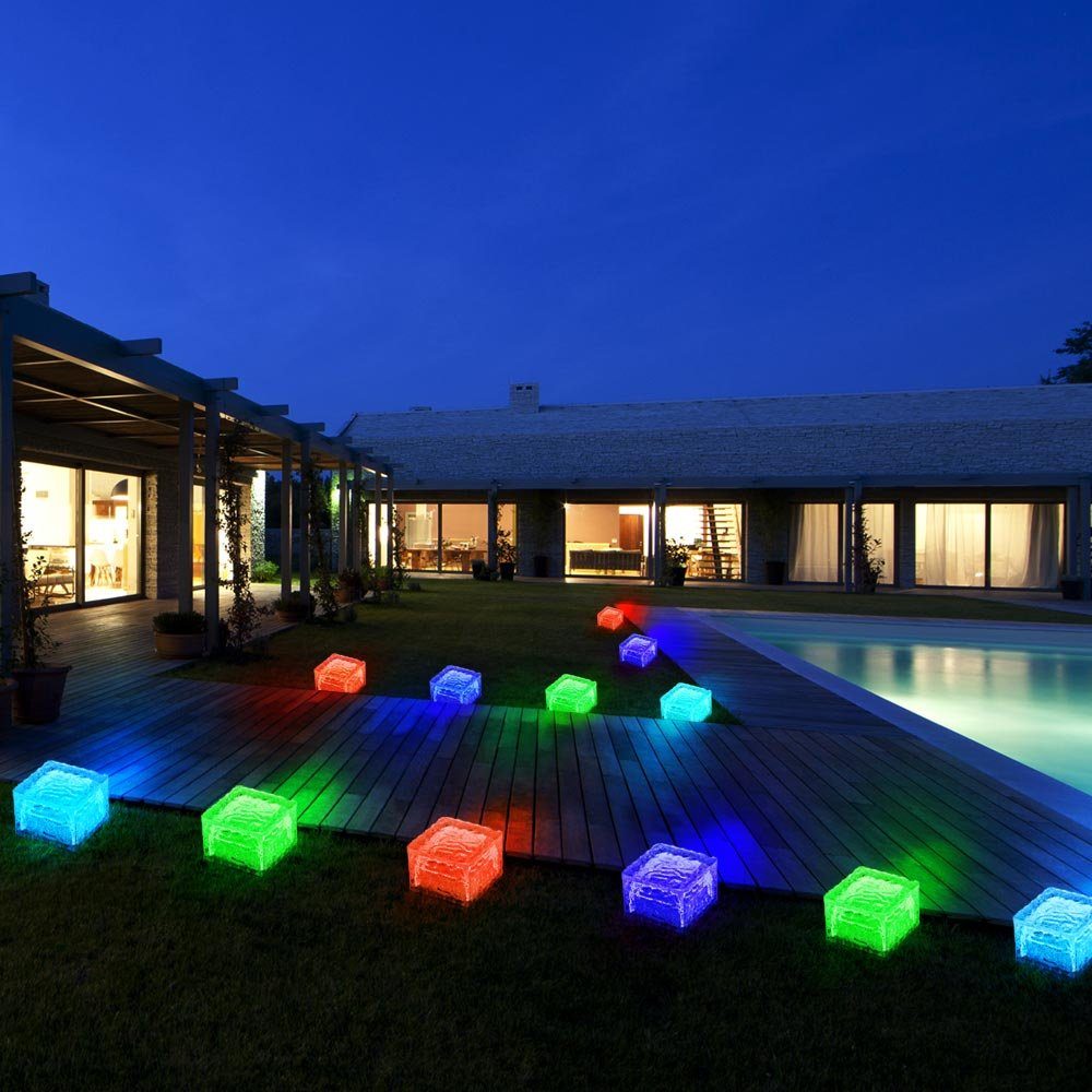 etc-shop Gartenleuchte, LED-Leuchtmittel fest verbaut, Farbwechsel, 12er Set RGB LED Solar Leuchten Außen Bereich Hof Glas Stein Würfel