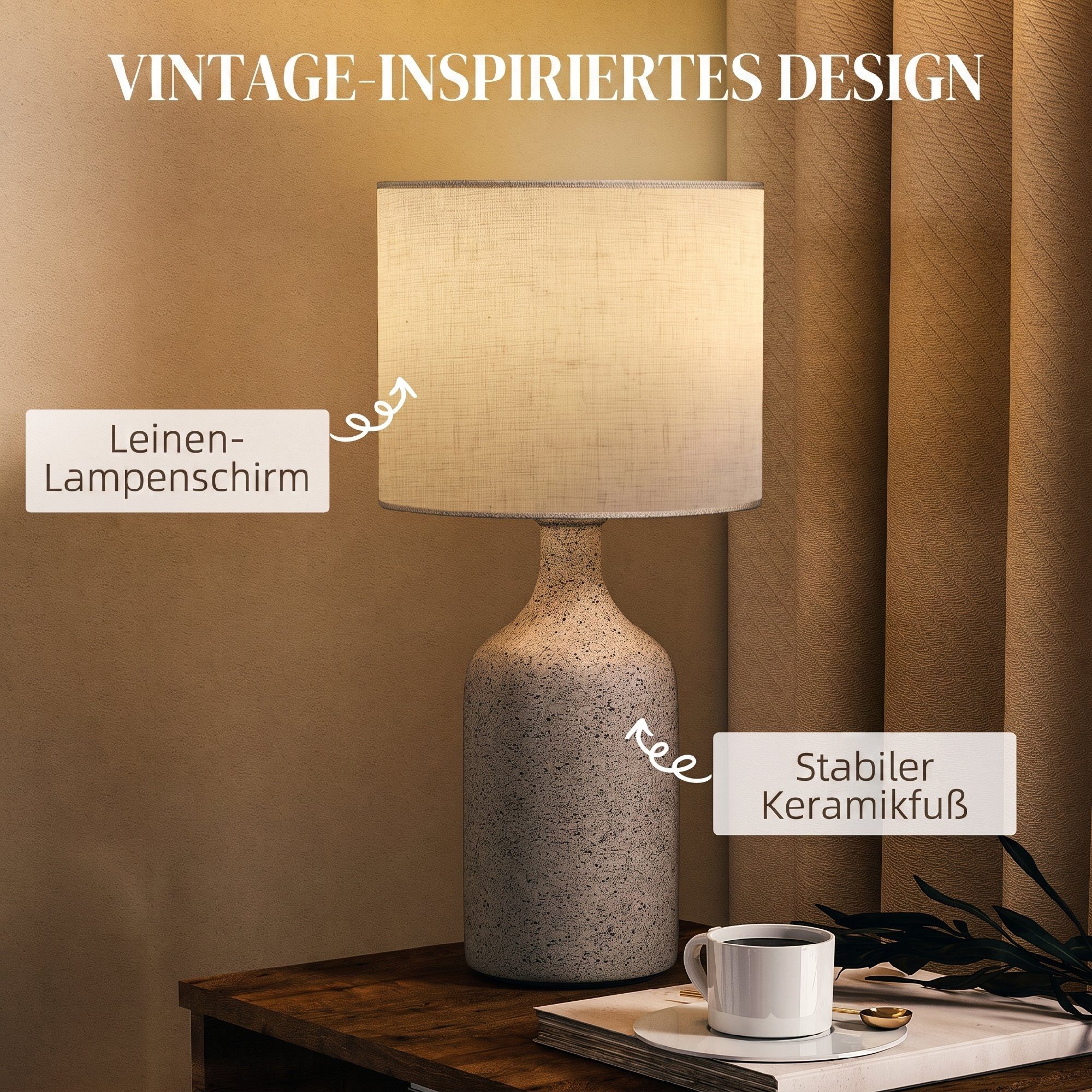 HOMCOM Tischleuchte Nachttischlampe mit Keramiksockel, Leinenschirm, Wippschalter, Ein-,Ausschalter, ohne Leuchtmittel, mit E27 Fassung, für Schlafzimmer Wohnzi – Bild 4 von 5