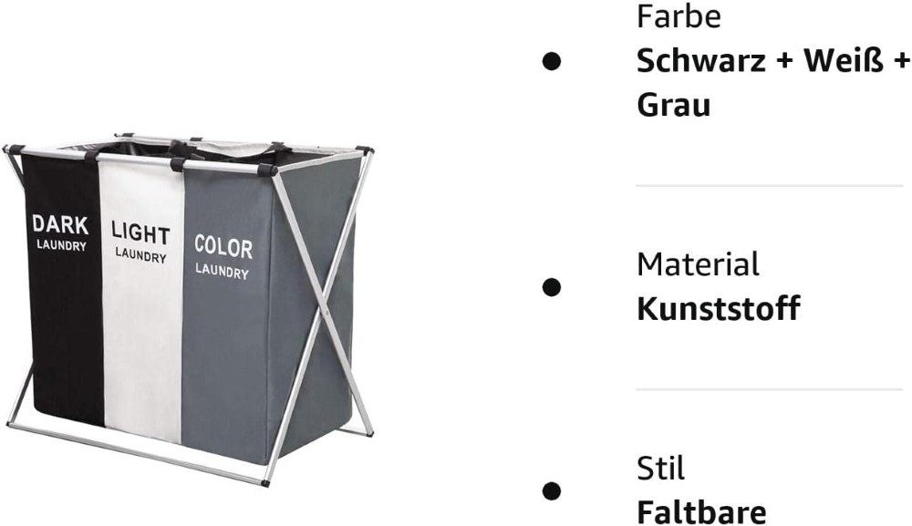 Ruhhy Wäschekorb Wäschekorb 3 Fächer faltbar Wäschesortierer 130L mit Deckel grau (Einzel Wäschesortierer 3 Fächer mit Deckel und Gestell, Wäschesortierer 3 Fächer faltbar mit Deckel und Gestell), Wäschekorb 3 Fächer faltbar mit Deckel und Griffen 130L