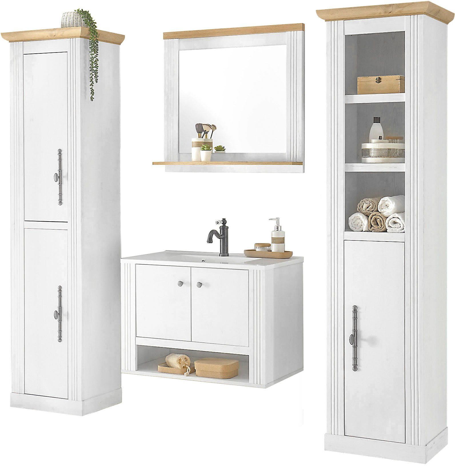 OTTO home Badmöbel-Set WESTMINSTER, Bad im Landhausstil, 4-teiliges Badezimmer, (4-St), Hänge-Waschtisch, Spiegel, 2 Hochschränke, in 2 Farben, Breite 220 cm