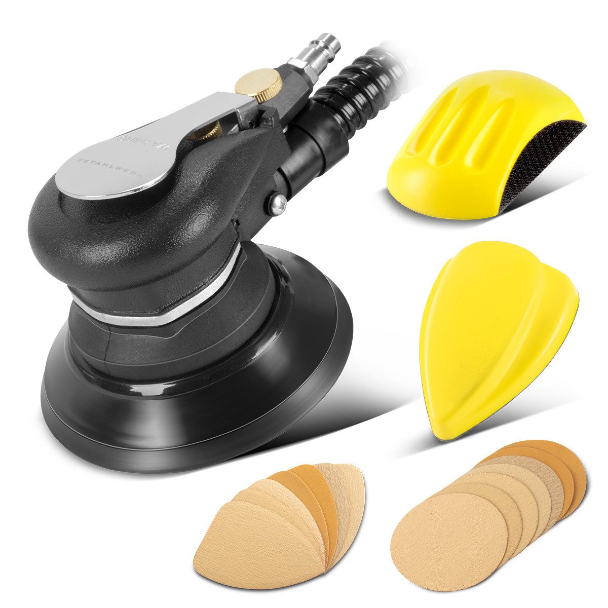 STAHLWERK Druckluft-Exzenterschleifer Druckluft-Exzenterschleifer 125mm Rotationsschleifer Handschleifer Set, (1 tlg)