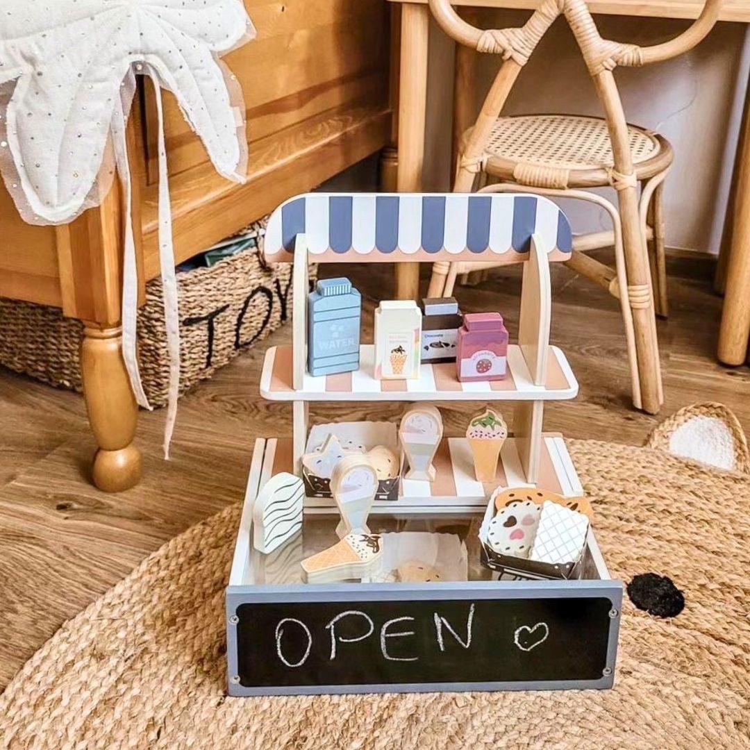 Mamabrum Spiel-Einkaufswagen Holzladen für Kinder, Faltbar, Café und Konditorei mit Zubehör im Set