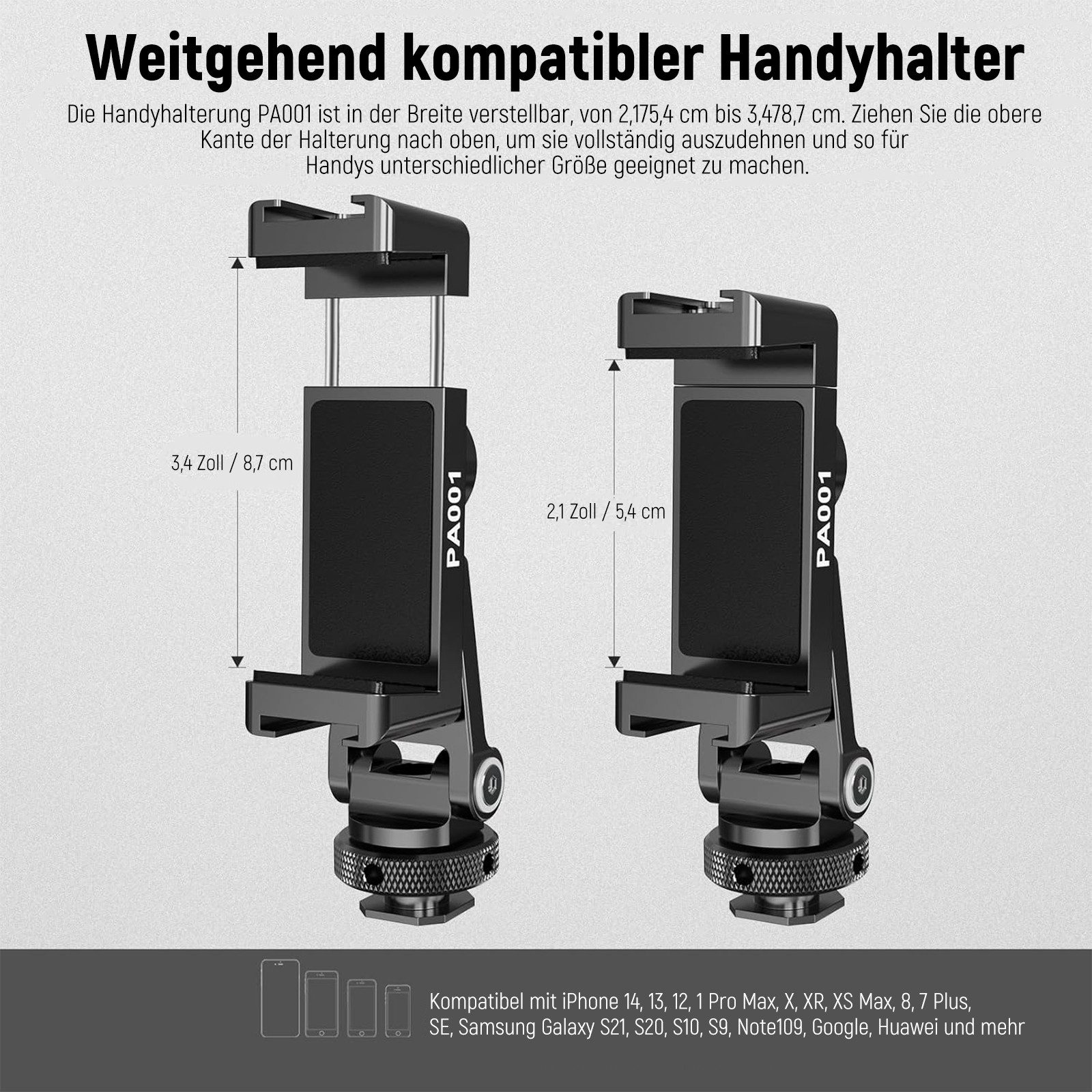 Neewer Handy-Halterung PA001 Metall Stativhalterung mit Zubehörschuh, Freie Winkelanpassung, (bis 3,4 Zoll, Packung, Farbe:schwarz, Grundfarbe:schwarz, Handyhalterung für iPhone Samsung Canon Nikon Sony Kamera Käfig)