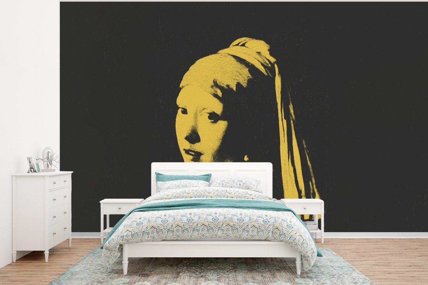 MuchoWow Fototapete Mädchen mit einem Perlenohrring - Johannes Vermeer - Schwarz - Gelb, Matt, bedruckt, (6 St), Wallpaper für Wohnzimmer, Schlafzimmer, Kinderzimmer, Vinyl Tapete