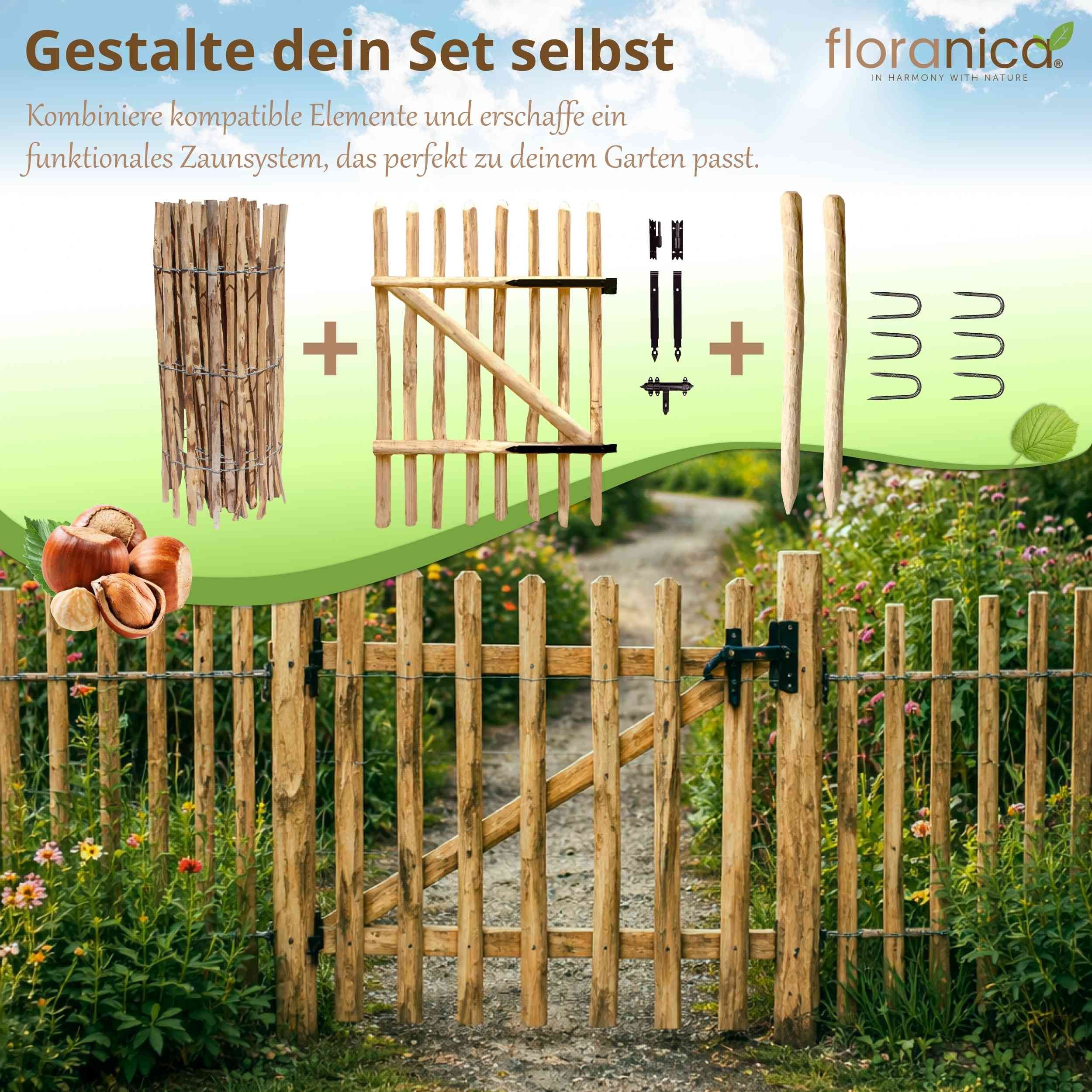 Floranica Staketenzaun Gartenzaun aus Haselnuss als Steckzaun Rollzaun - naturbelassen, (L / H 5 m x 120 cm, 1-St., Lattenabstand 8-10 cm), als Grundstücksgrenze, Hühnerzaun, Gemüsegärten Beeten oder Tierweiden