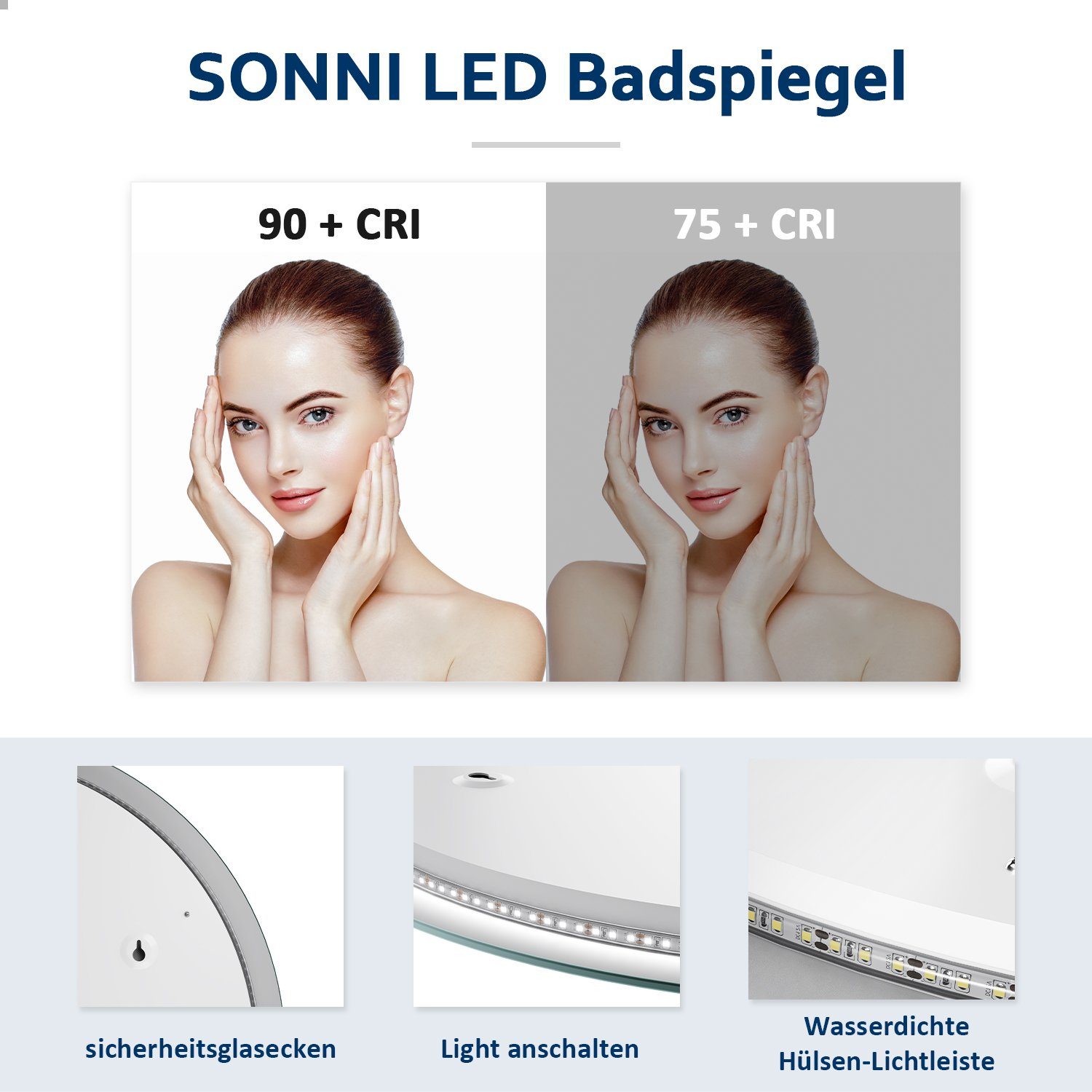 SONNI Badspiegel Rund cm, 80 Ø mit / Ø Beleuchtung, cm LED, Touchschalter, Beschlagfrei-Funktion, Badezimmerspiegel Energiesparend 60