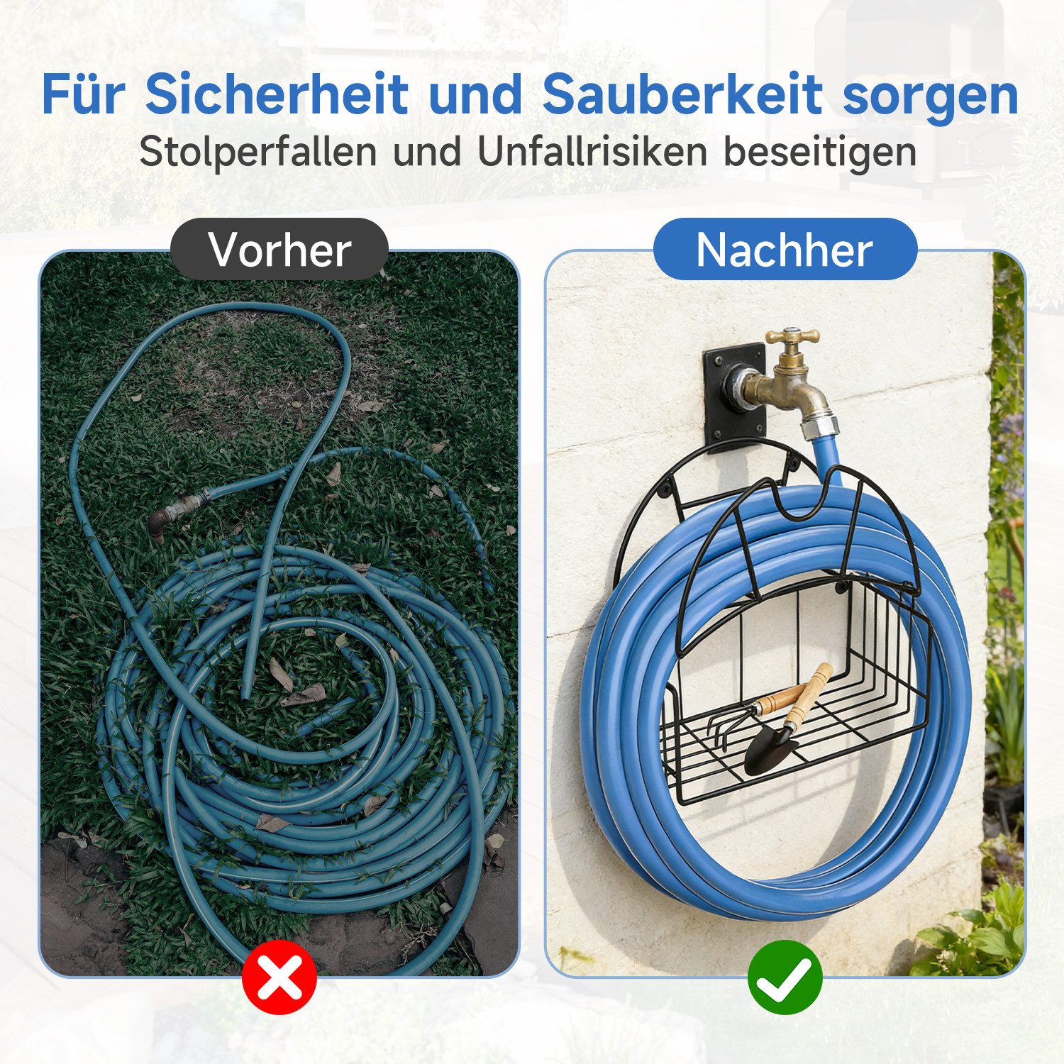 OSTWOLKE Schlauchhalterung Gartenschlauchhalter Wasserschlauchhalter mit Werkzeugablage, (wandmontierter Outdoor-Schlauchständer für draußen Garten Hof Garage) – Bild 5 von 5