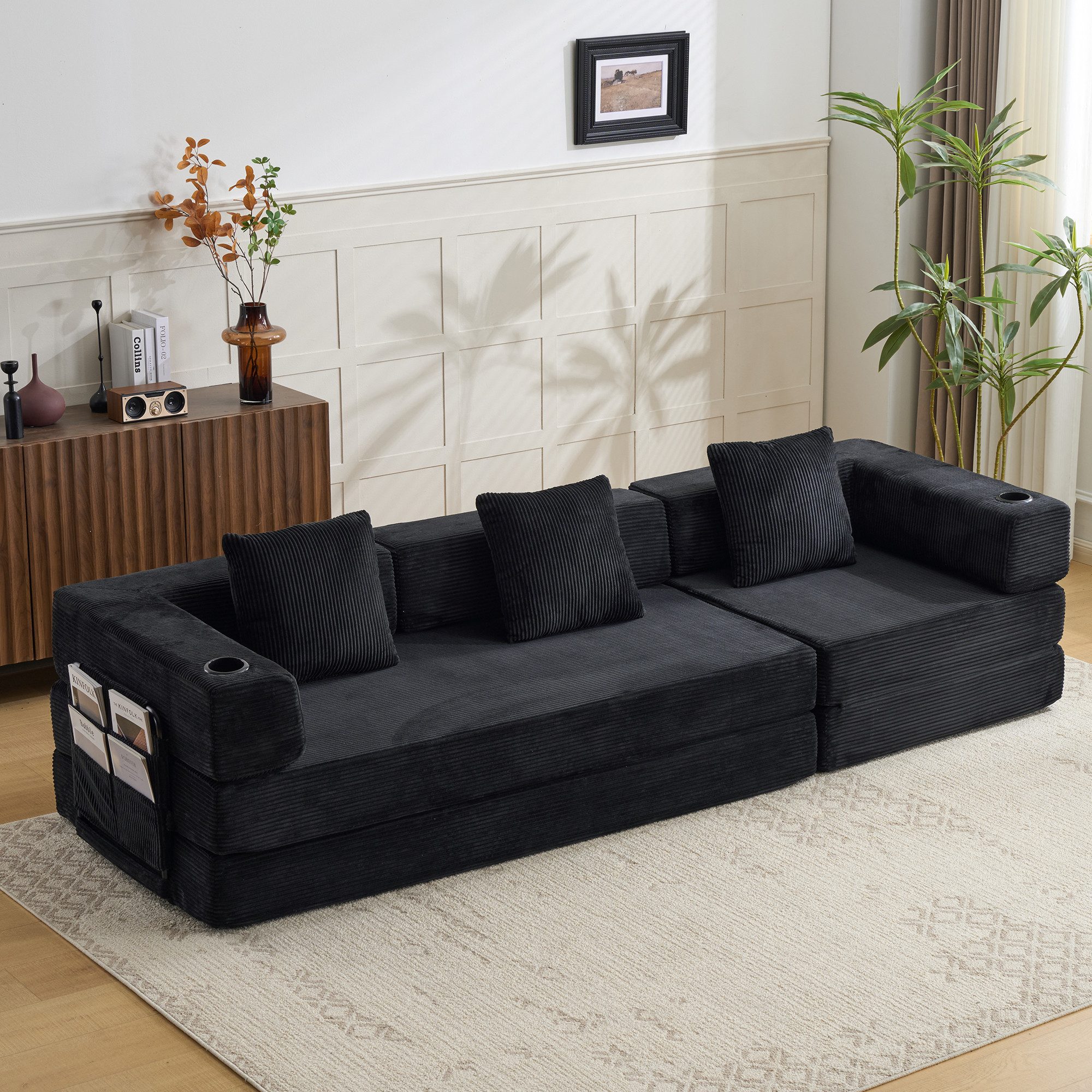 Vankel Sofa Sofas Wohnzimmer, 3-Sitzer Schlafsofa aus Cord mit Cupholder, Faltbares Sofa mit Seitentaschen, Liegefunktion und ohne Montage