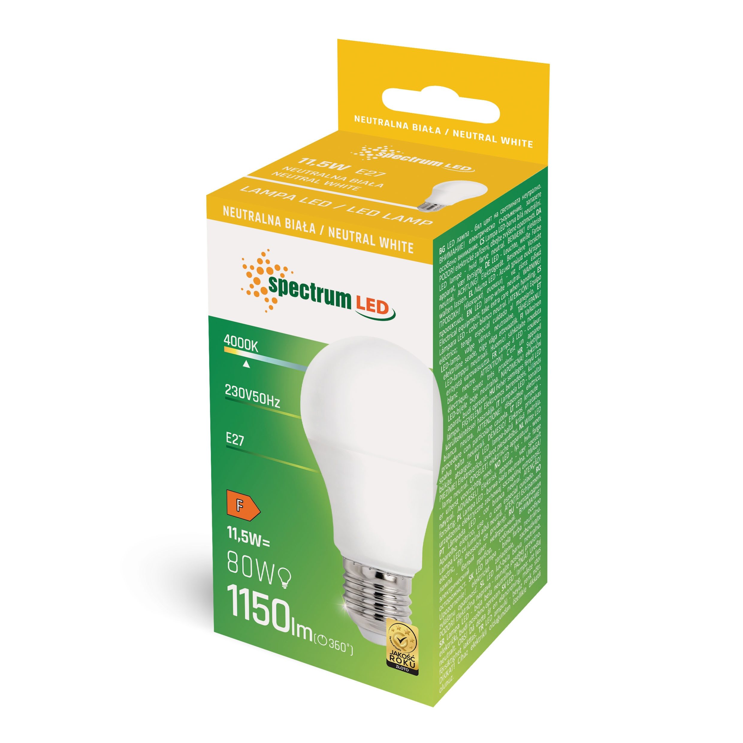 Spectrum LED-Leuchtmittel LED E27 A60 11,5W = 80W Birne 220° 1150lm 230V Neutralweiß 4000K, E27, Neutralweiß