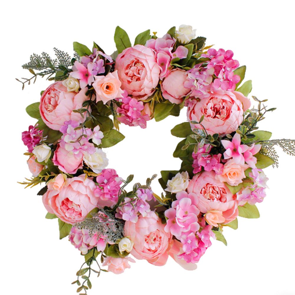 TUWENA Dekokranz Künstlicher Türkranz Dekoration, Pfingstrose Blume Haustürkranz, für Frühling und Sommer All Seasons Blumenkranz Runde Reisig