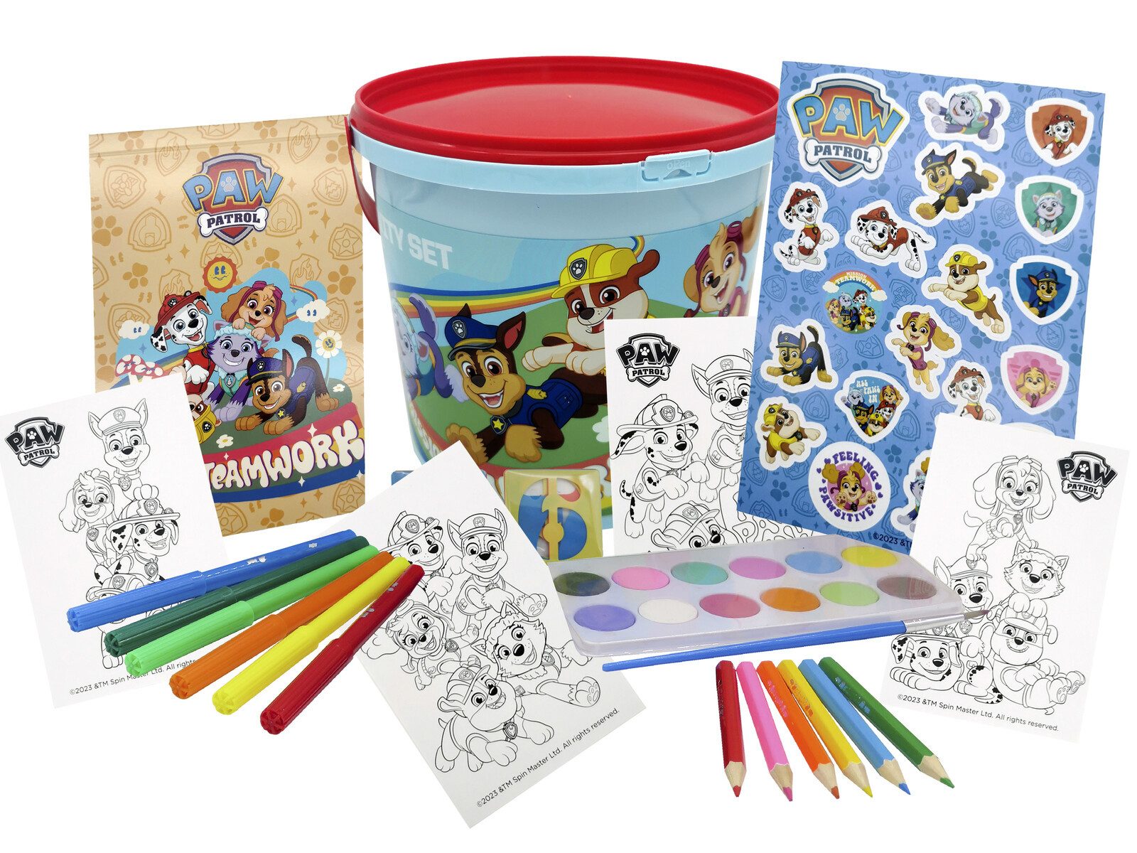 PAW PATROL Farbkasten 46 teiliges Aktivitätsset im Eimer mit Stiften Stickern Wasserfarben