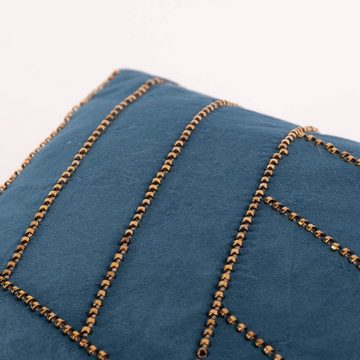 SCHÖNER LEBEN. Dekokissen Deko Kissen Samtoptik mit Perlenstickerei blau kupferfarbig 30x50cm