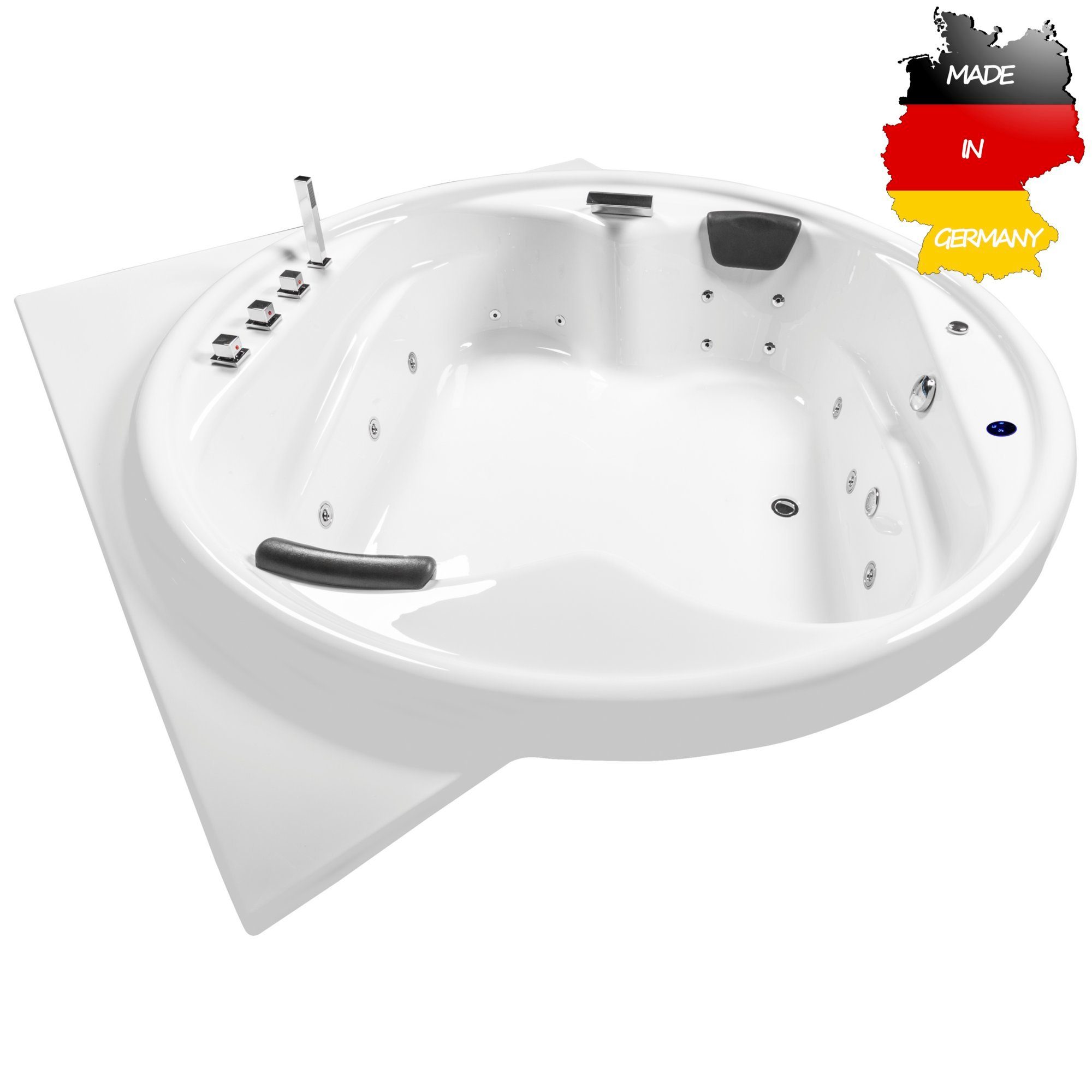 Basera® Whirlpool-Badewanne BASIC Indoor Podest-Whirlpool Badewanne XXL Gomera, (Komplett-Set), mit Ecke 186 x 186 cm, 18 Massagedüsen, Wasserfall, LED