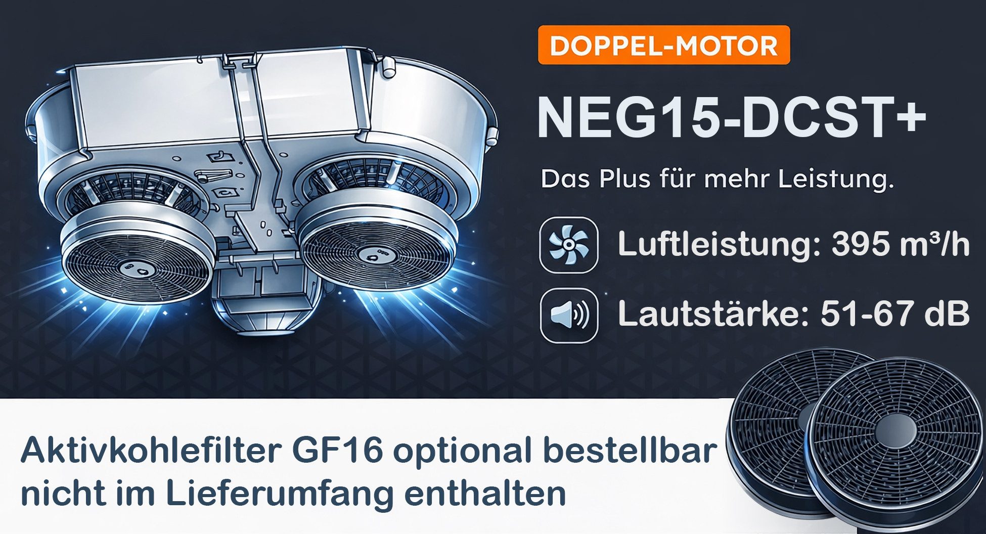 NEG Unterbauhaube NEG15-DCST Doppelmotor 400 m²/h Sensor-Touch 2 x Abluft & Umluft Serie NEG15-DC NEG15-DCST Doppelmotor 400 m²/h Sensor-Touch 2 x Abluft & Umluft, Doppelmotor, Nachlaufautomatik, 2 Abluftanschlüsse oben/hinten