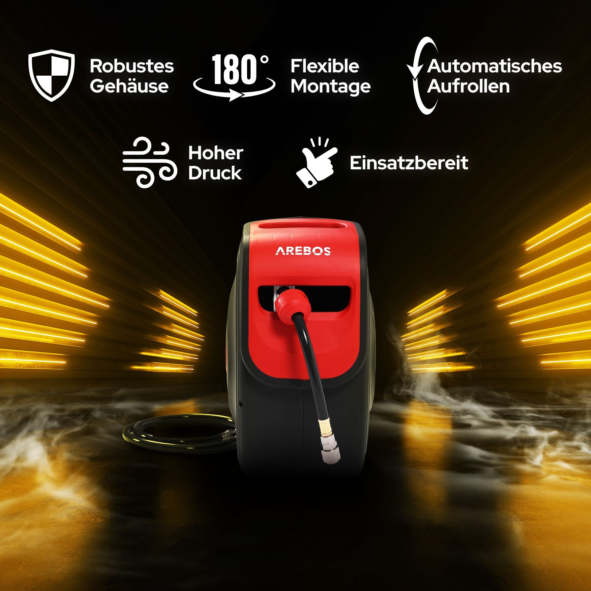 Arebos Schlauchtrommel Automatischer Druckluftschlauch-Aufroller, 180° schwenkbar, (Stück, Rot), inkl. Wandhalterung