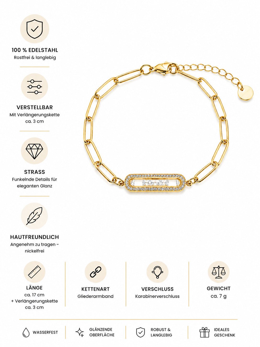 Brise Schmuck Armband Armband Damen mit Strass verstellbar Gliederarmband, Elegantes armband mit funkelnden Strassdetails und verstellbarer Länge