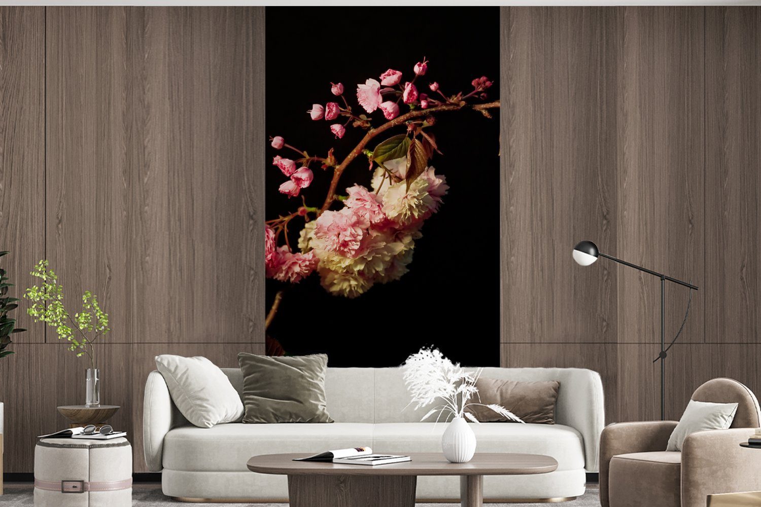 Fototapete Hintergrund, für Matt, Vliestapete St), vor Fototapete Kirschblüte (2 Wohnzimmer Küche, MuchoWow schwarzem Eine Schlafzimmer bedruckt,