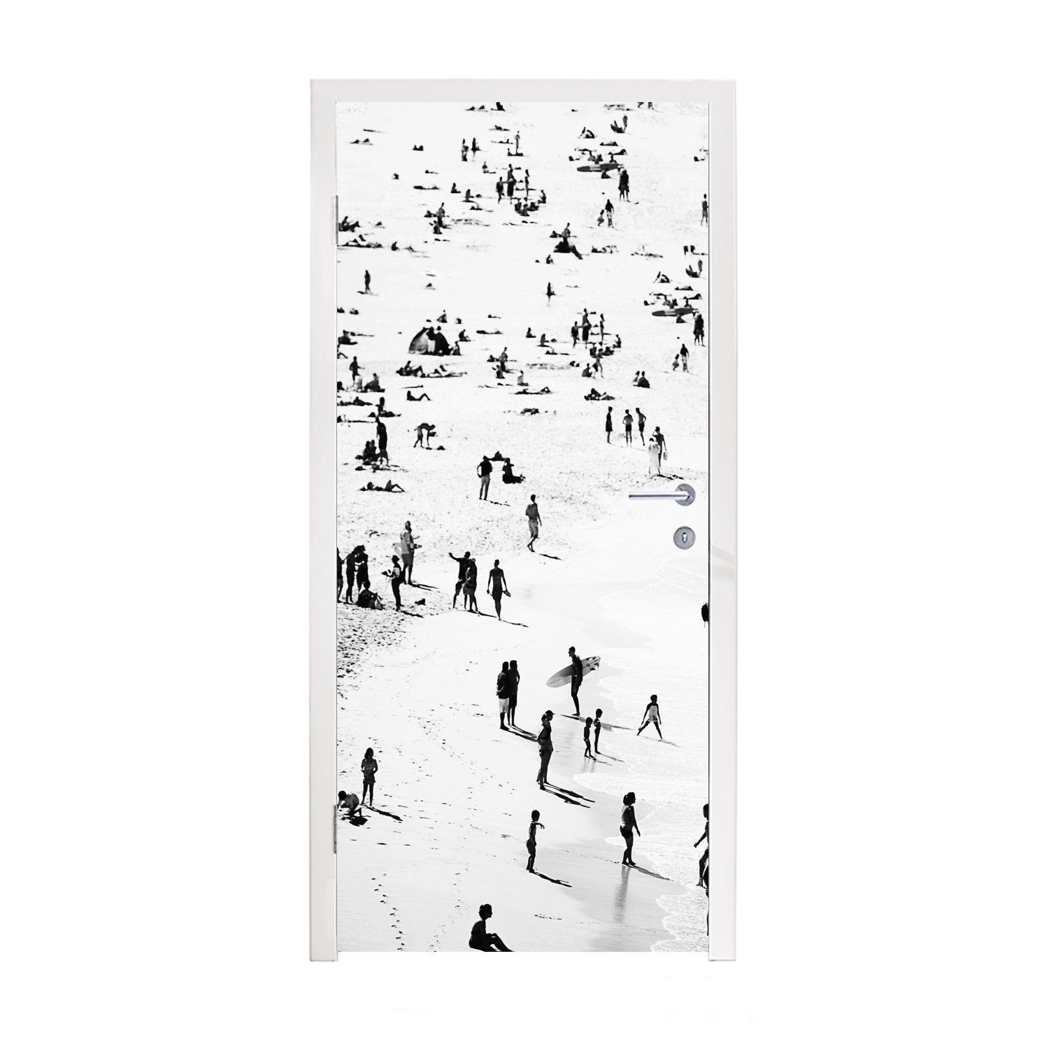 MuchoWow Türtapete Strand - Meer - Menschen - Schwarz und weiß, Matt, bedruckt, (1 St), Fototapete für Tür, Türaufkleber, 75x205 cm