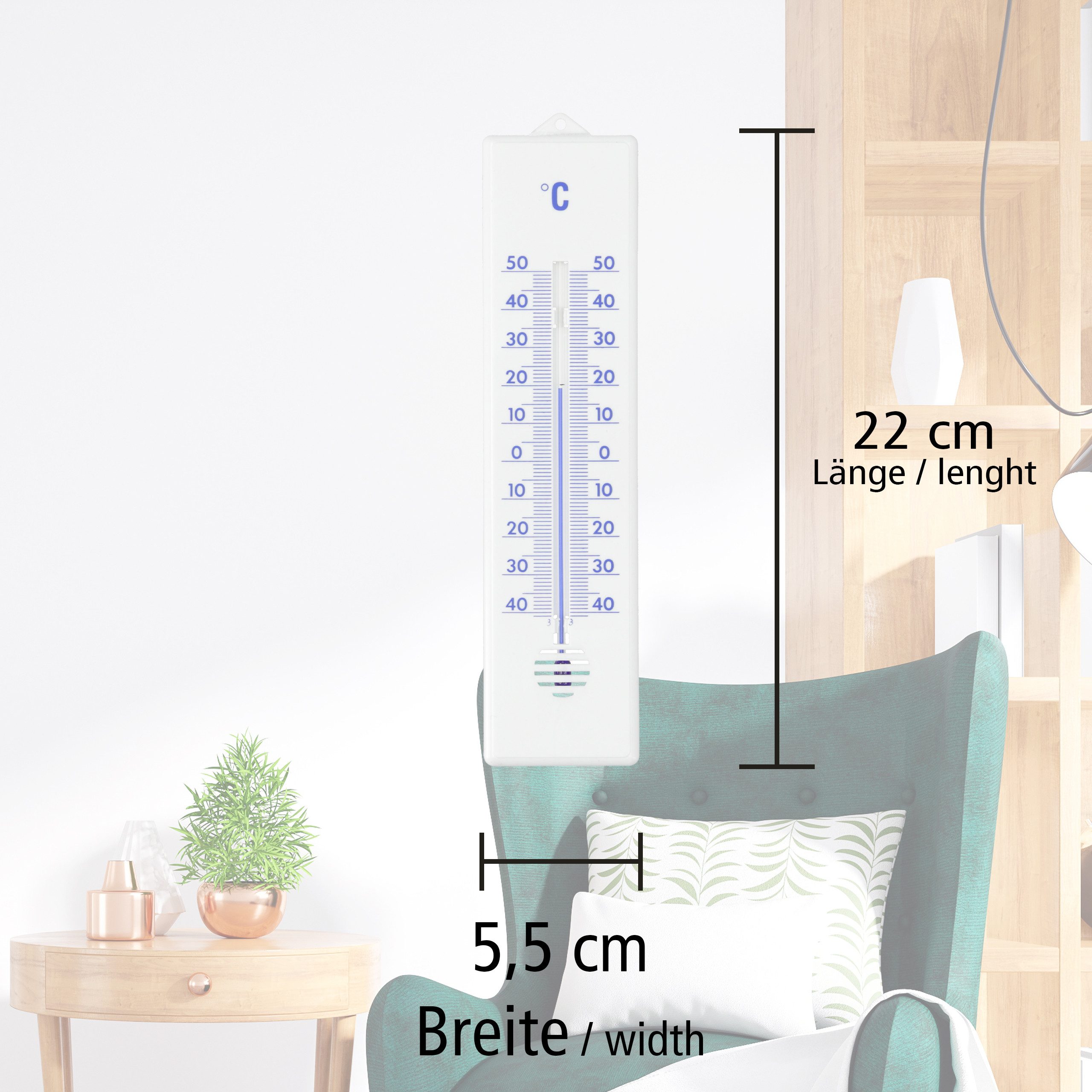 Lantelme Raumthermometer Außenthermometer Garten Thermometer Gartenthermometer für Außen, Kunststoff Farbe Weiß, 22cm Lang, Deutsche Herstellung, Temperaturanzeige -40 bis 50°C Analog