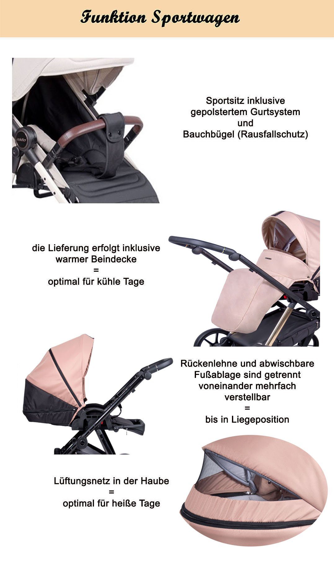 babies-on-wheels Kombi-Kinderwagen 2 Axxis in 24 Designs beige - - 1 in Kinderwagen-Set Teile 14 Grau Gestell =