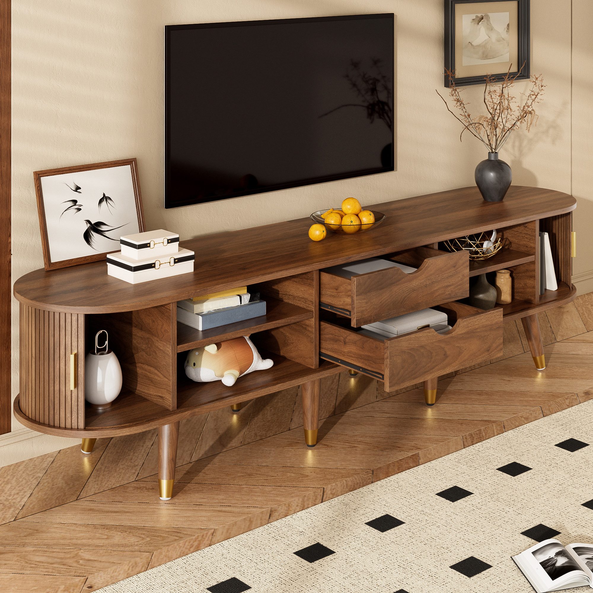 Yorbay TV-Schrank TV-Schrank 175 cm mit Rattan-Schiebetür, Walnussoptik & viel Stauraum Landhausstil Fernsehtisch mit offenen Fächern, Schubladen & Schrank