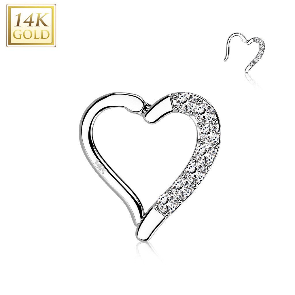 Taffstyle Nasenpiercing Daith Rook 14K Echtgold Herz Kristallen Weißgold 1,2mm x 8mm (links) (Ohr Nasenring Orbital Brust Intim Ring Lippenbädchen Lippenpiercing), Clicker Piercing Ohr Helix Nasen Nasenpiercing Ohrpiercing Cartilage