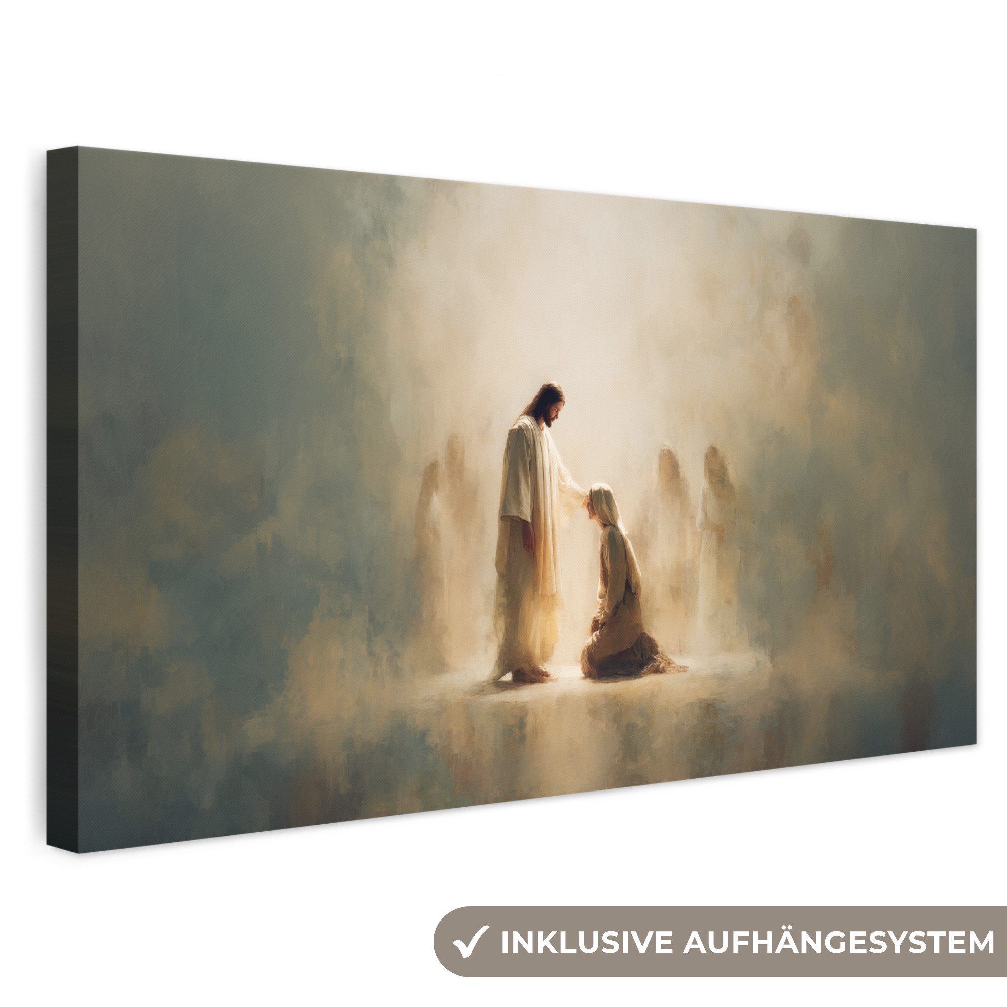OneMillionCanvasses® Leinwandbild Panorama Kniend - Beige - Abstrakt - Jesus, Fotodruck (1 St), Wandbild, Deko Schlafzimmer Wohnzimmer Flur 40x20 cm