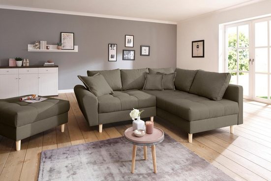 HOME AFFAIRE Ecksofa RICE, Set, mit Hocker, Massivholzfüße und Federkernpolsterung - Einrichtungsbeispiel