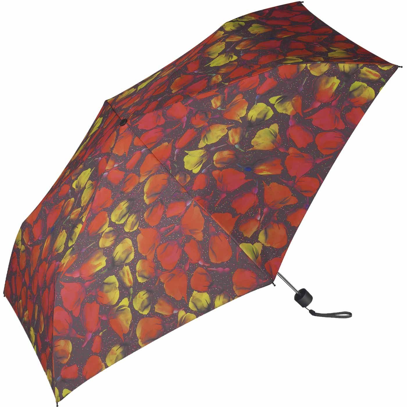 Pierre Cardin Taschenregenschirm schlanker Damen-Taschenschirm mit Handöffner, mit stilvollem orangefarbenen Blumen-Muster