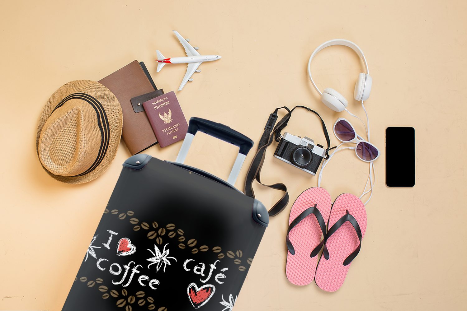 Kaffee rollen, - Handgepäck 4 MuchoWow Muster Reisetasche Reisekoffer Handgepäckkoffer für Rollen, Ferien, Trolley, mit Liebe, -