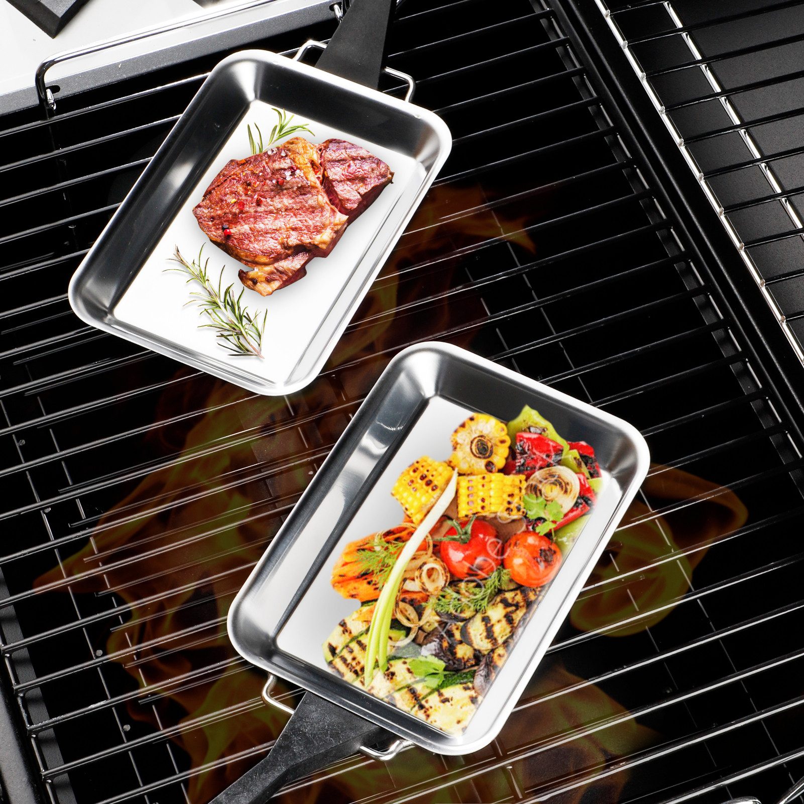Haushalt International Grillschale Grilbehälter Grillpfanne Edelstahl 2tlg + 4 Schaber, Edelstahl, (Set, 6-St., Packung), 6tlg, Kunststoffschaber, 21x13x2cm, Grillzubehör