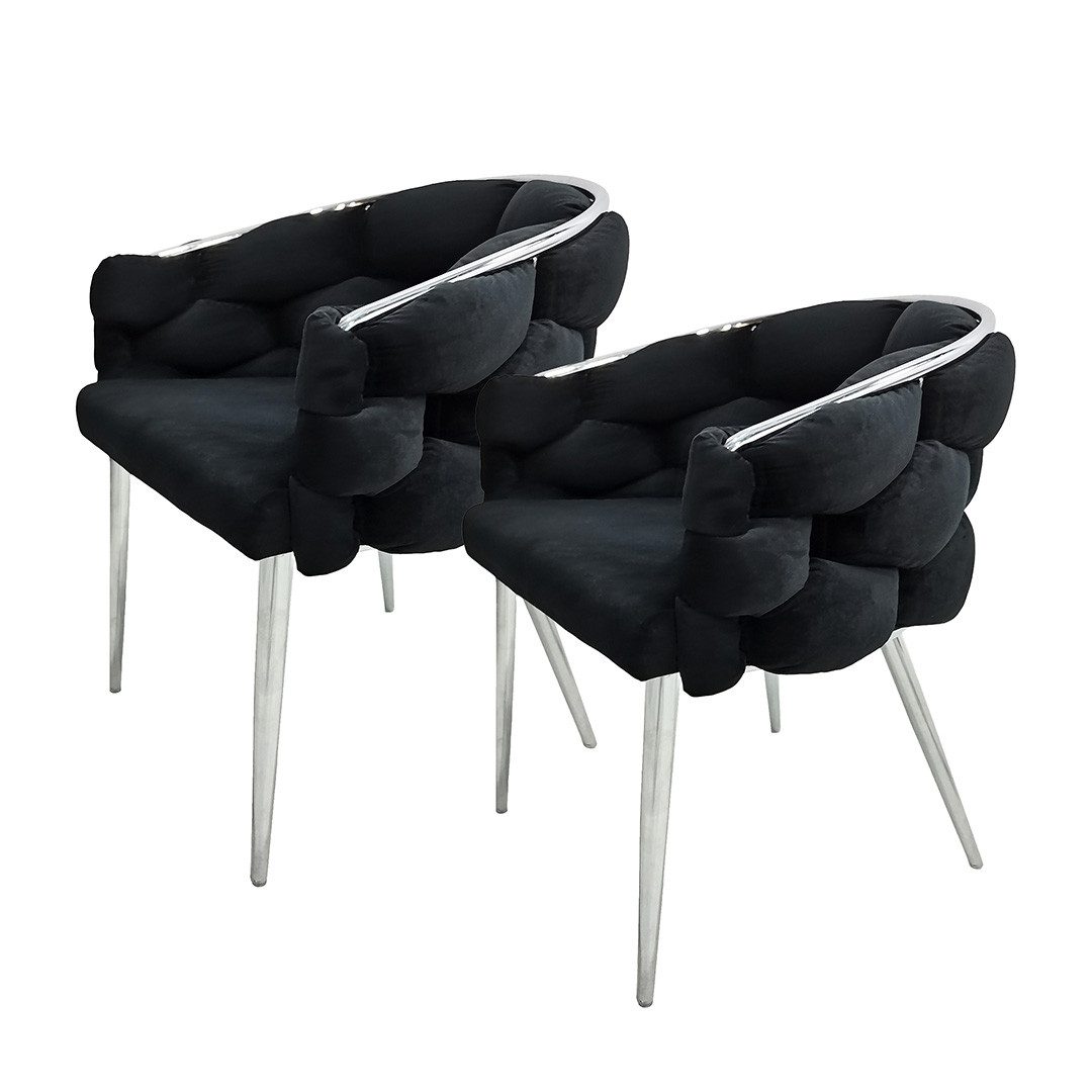 Qiyano Esszimmerstuhl Design-Stuhl 2er Set Schwarz/Silber- Geflochten & Gepolstert