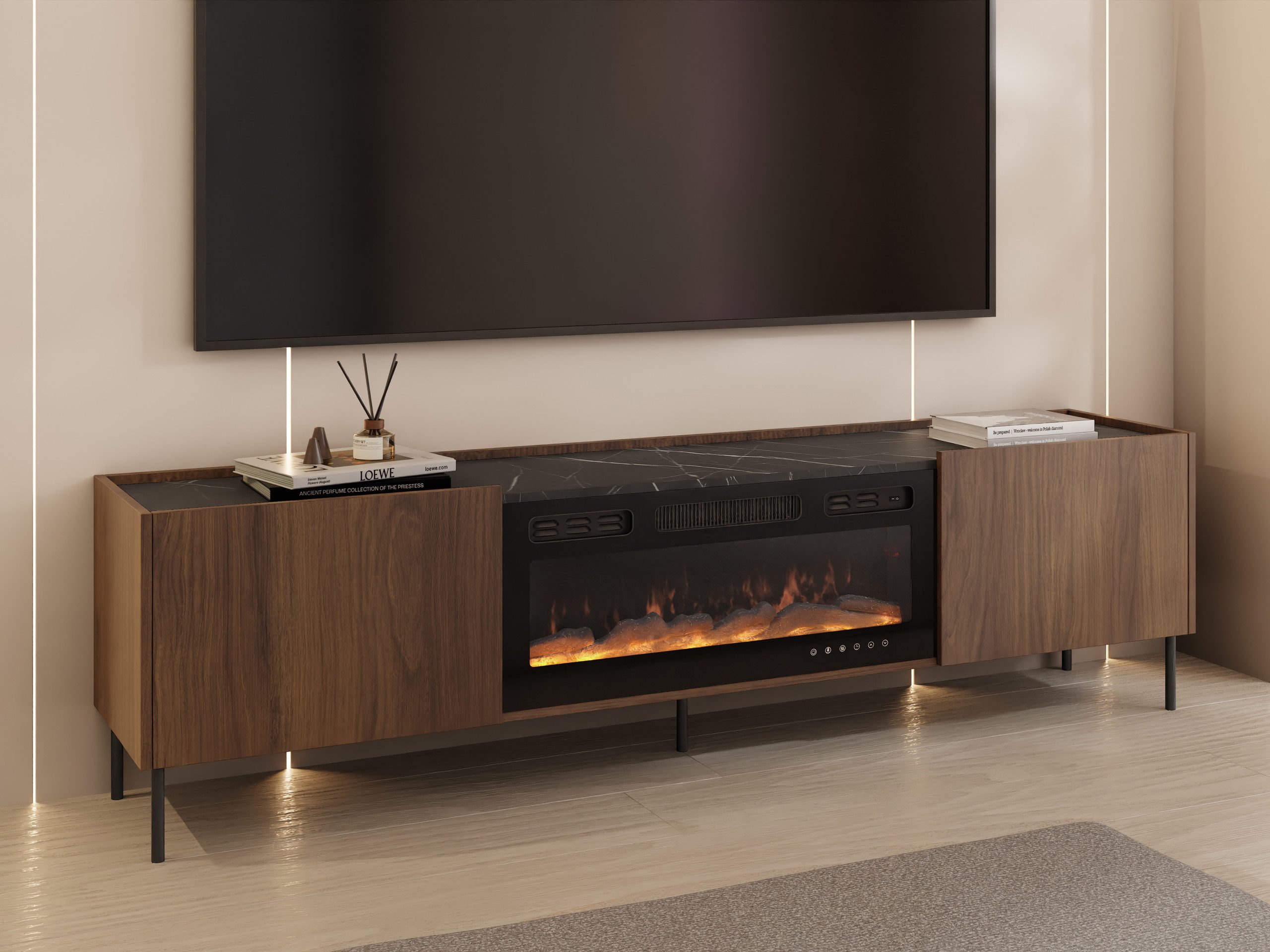 MIRJAN24 TV-Schrank Tewos 200 K mit Kamin (mit zwei Drehtüren) 200x37x55 cm, Heizfunktion – Bild 2 von 5