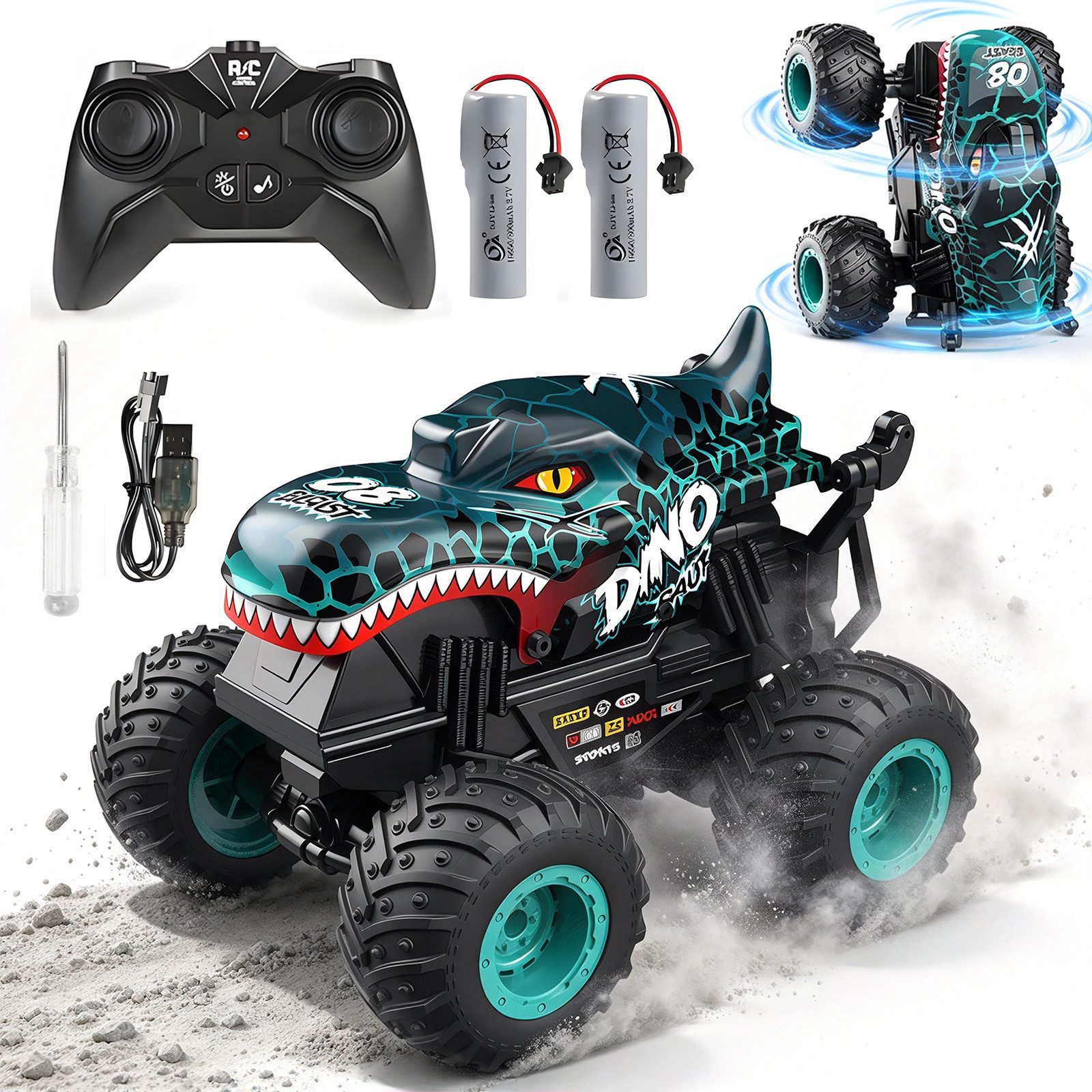 AKKEE RC-Auto Ferngesteuertes Auto, Monster Truck Ferngesteuert mit Licht, mit Licht und 360°Drehung 2,4GHz mit Musik, 100MIN Spielzeit