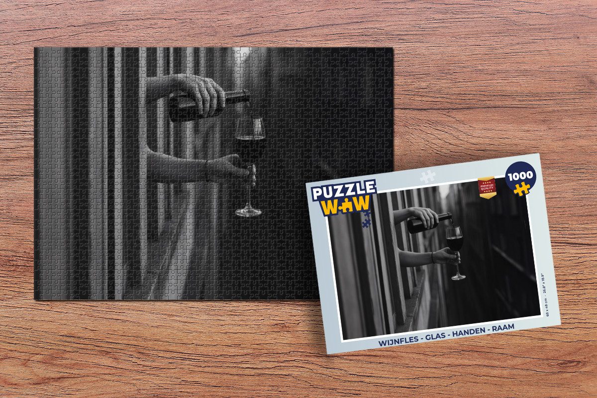 MuchoWow Puzzle Weinflasche - Glas - Hände - Fenster, 1000 Puzzleteile, Foto-Puzzle, Bilderrätsel, Puzzlespiele, Klassisch