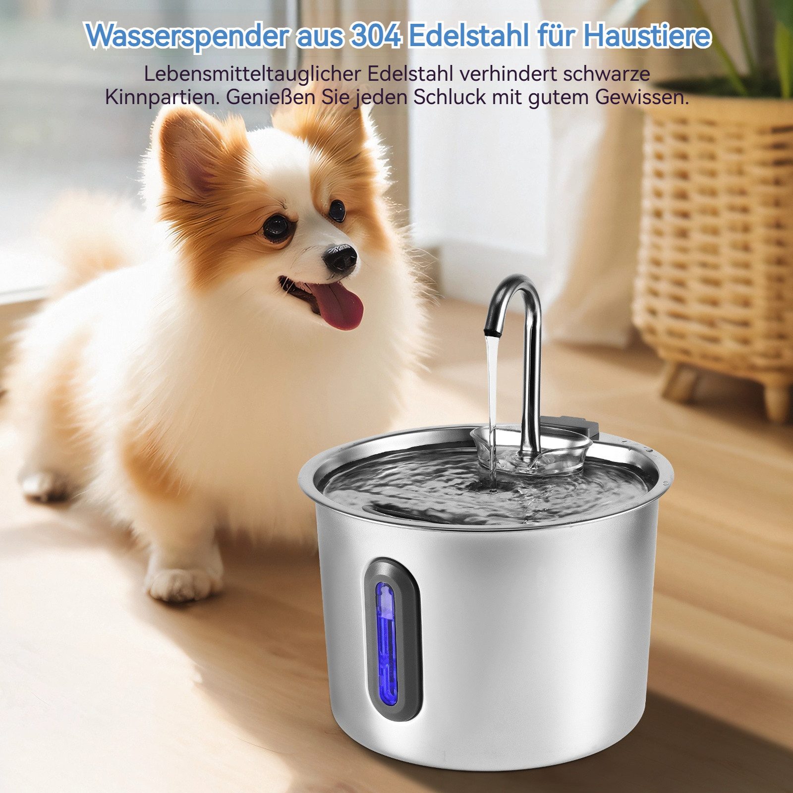 BlingBin Trinkbrunnen 2.2 L Katzenbrunnen Edelstahl, Wasserspender Für Katze und Hunde 2.2 l, katzentrinkbrunnen mit Wasserstandsfenster, mit Einem Satz Filter