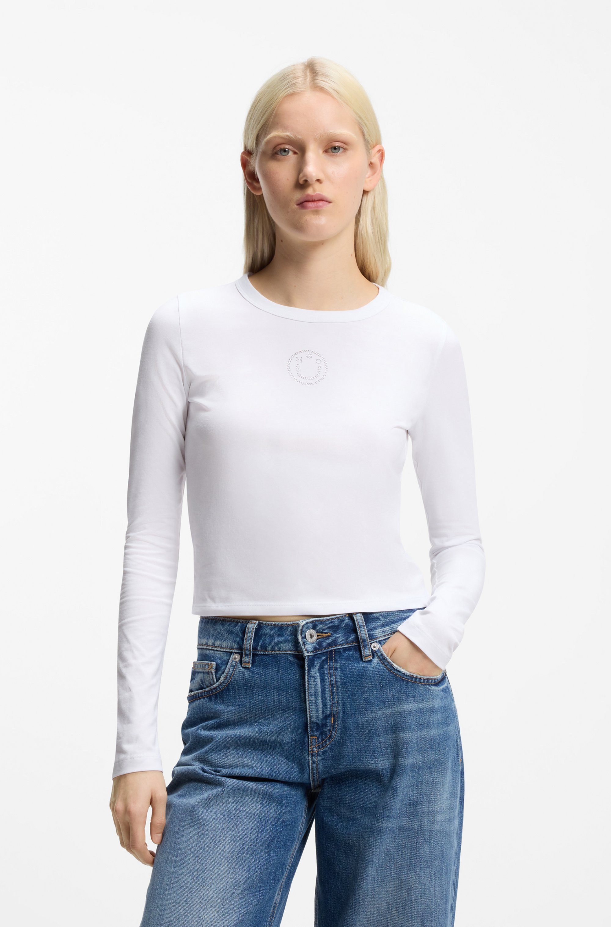 HUGO Blue Langarmshirt Daliriee cropped, Rundhals, mit Strassbesatz