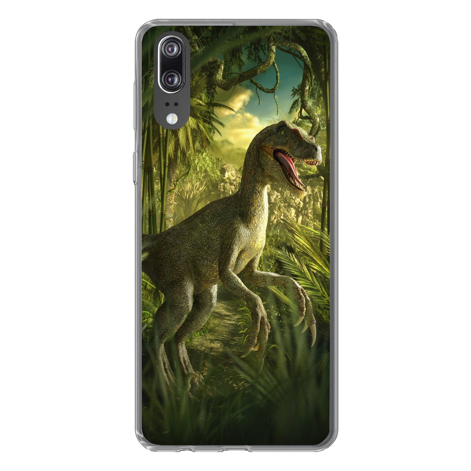 MuchoWow Handyhülle für Huawei P20 Dinosaurier - Pflanzen - Grün - Illustration - Kinder -, Handy Case, Silikon, Bumper Case Dünn