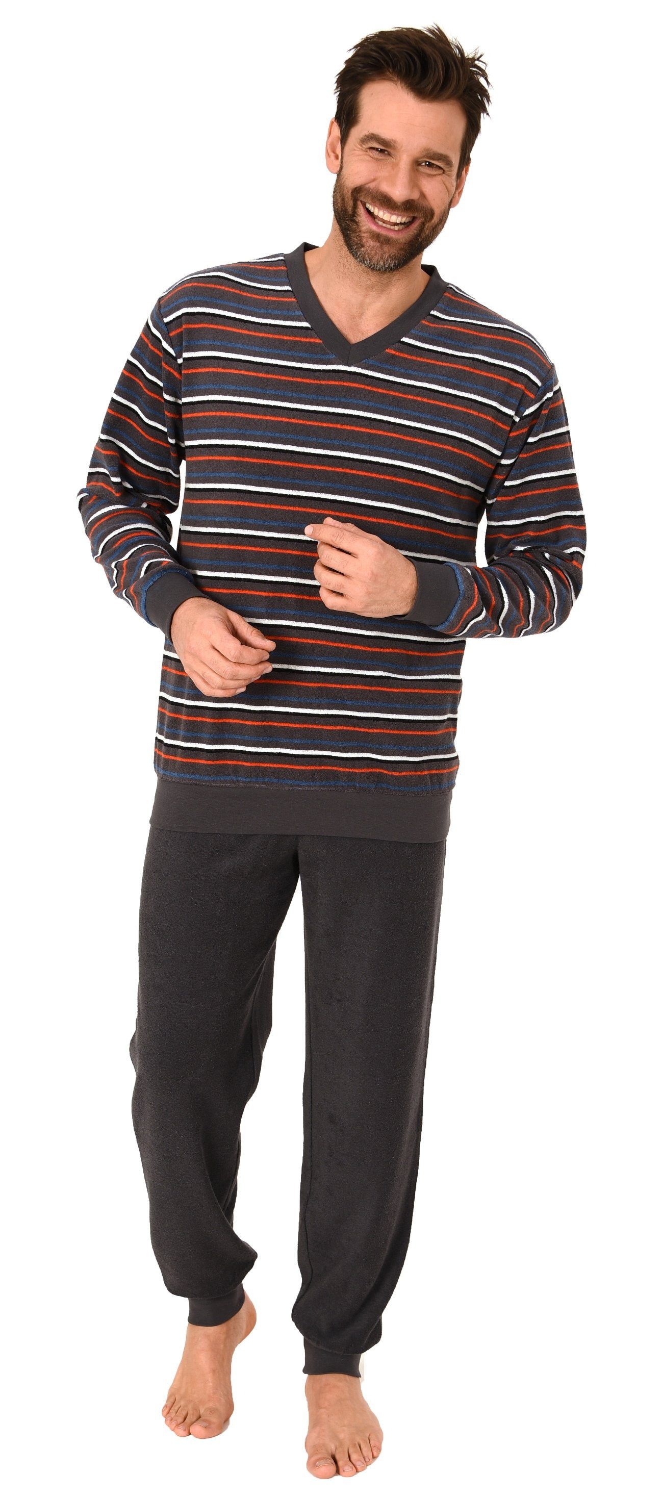 Normann Pyjama Langer Herren Frottee Schlafanzug mit Bündchen Streifenoptik günstig online kaufen