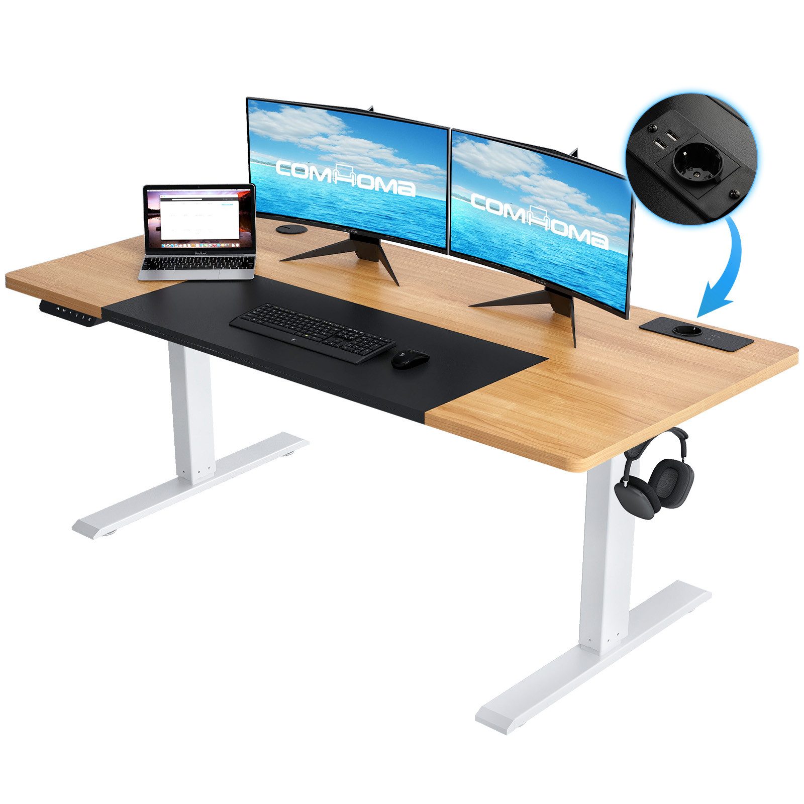 COMHOMA Schreibtisch Höhenverstellbarer Schreibtisch 140x60 cm mit USB-Buchse und Haken (1 Tisch), Verstellbarer Computertisch, Stehpult Stehschreibtisch
